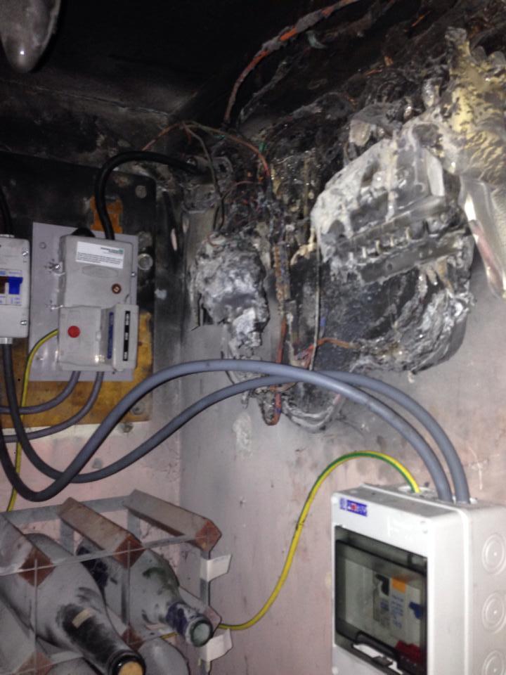 Burnt-out electrical consumer unit in a home
