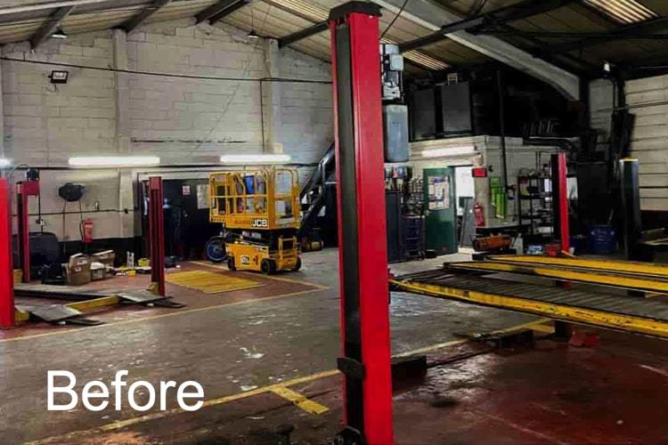 Before installation of high bay LEDs low level lights in an auto workshop weren't ideal for close work and moving machinery
