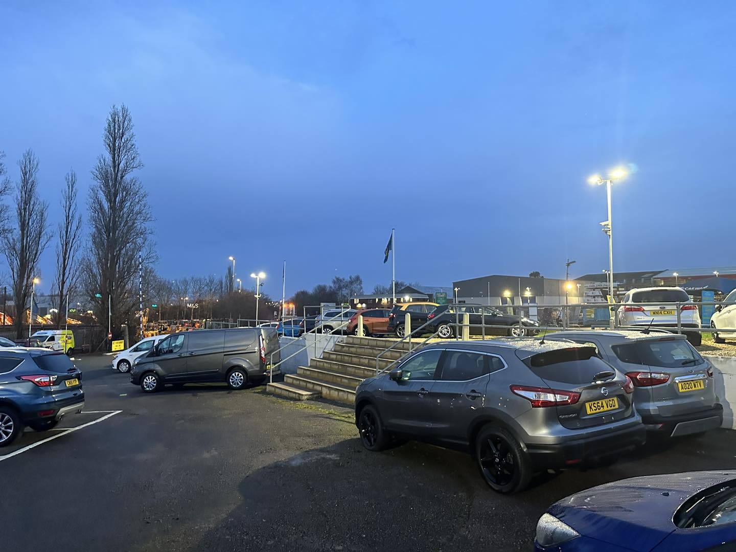 Forecourt lighting at the Winslow Ford car dealership in Northamptonshire.